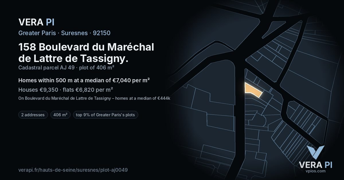 158 Boulevard du Maréchal de Lattre de Tassigny, Suresnes at night – the plot lit, the parcels around coloured by the prices near them