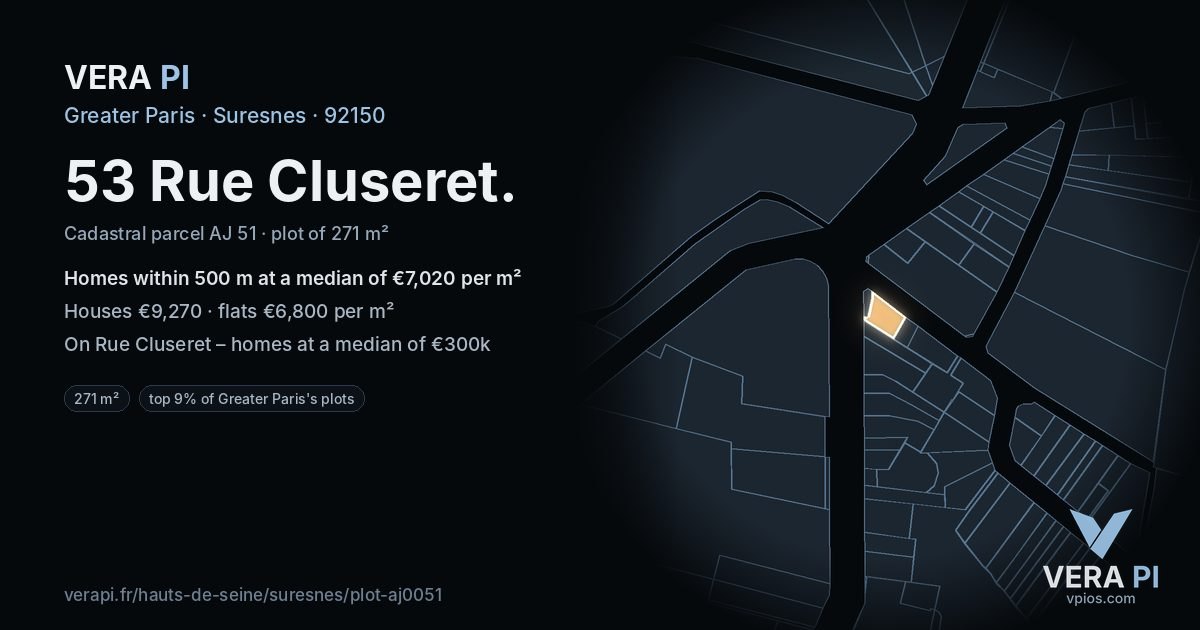 53 Rue Cluseret, Suresnes at night – the plot lit, the parcels around coloured by the prices near them