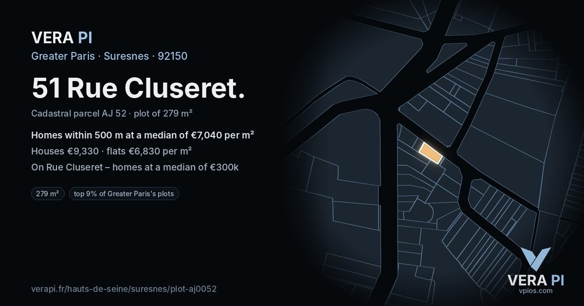 51 Rue Cluseret, Suresnes at night – the plot lit, the parcels around coloured by the prices near them