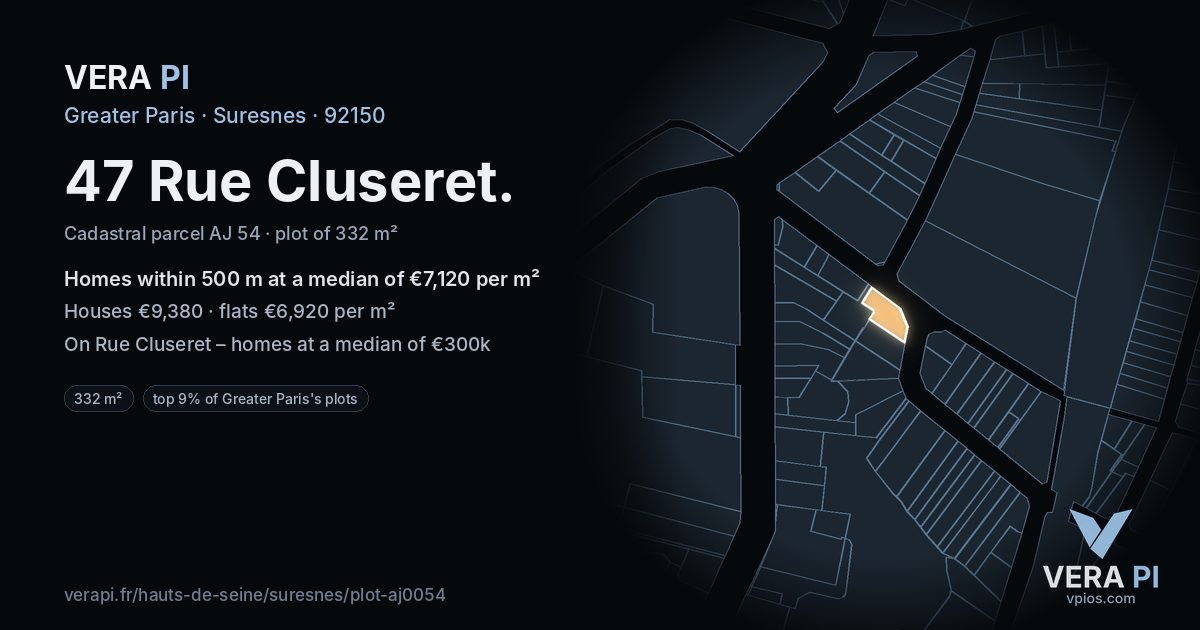 47 Rue Cluseret, Suresnes at night – the plot lit, the parcels around coloured by the prices near them