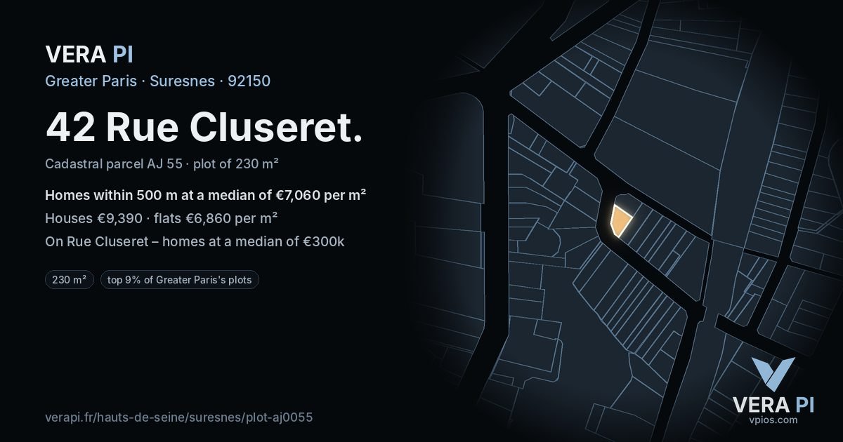 42 Rue Cluseret, Suresnes at night – the plot lit, the parcels around coloured by the prices near them