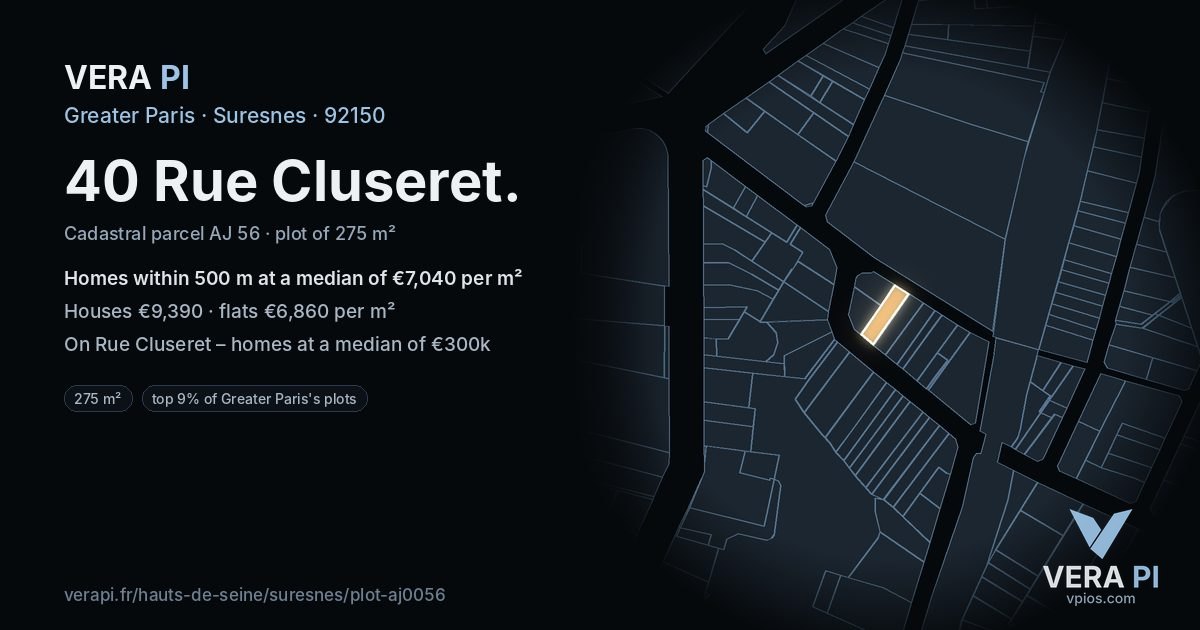 40 Rue Cluseret, Suresnes at night – the plot lit, the parcels around coloured by the prices near them