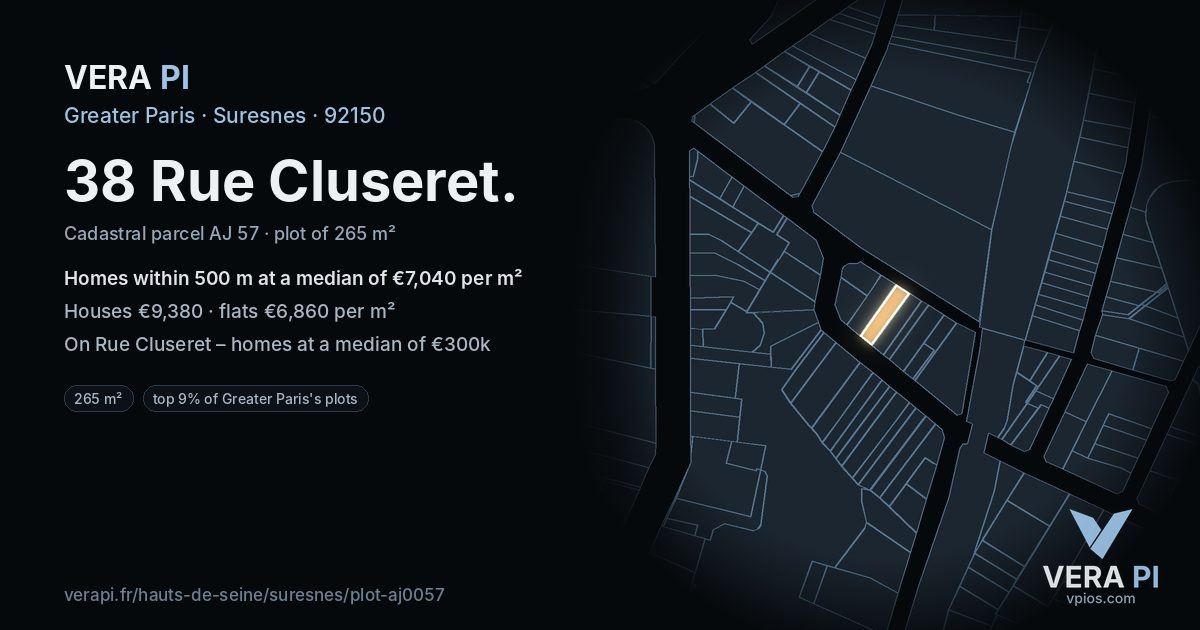 38 Rue Cluseret, Suresnes at night – the plot lit, the parcels around coloured by the prices near them