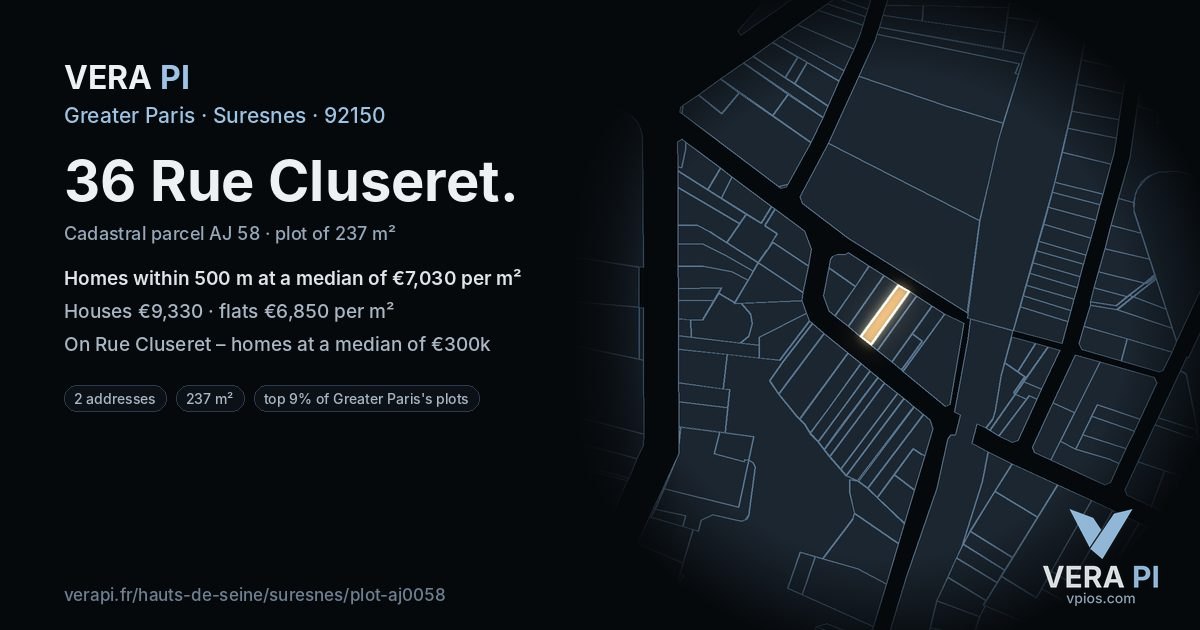 36 Rue Cluseret, Suresnes at night – the plot lit, the parcels around coloured by the prices near them