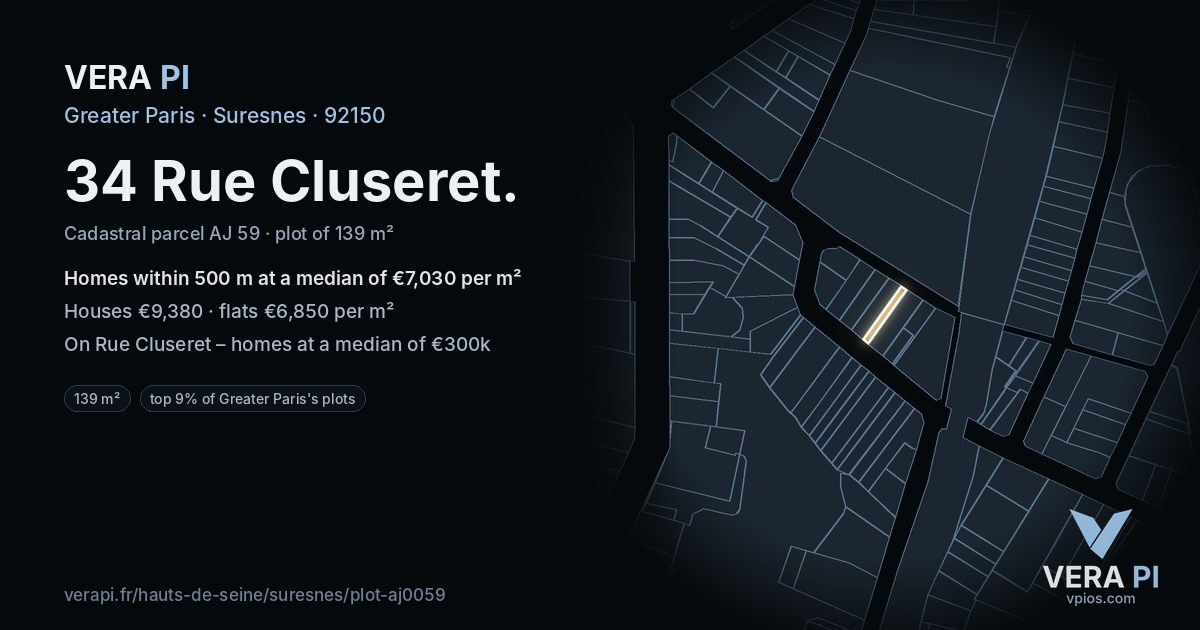 34 Rue Cluseret, Suresnes at night – the plot lit, the parcels around coloured by the prices near them
