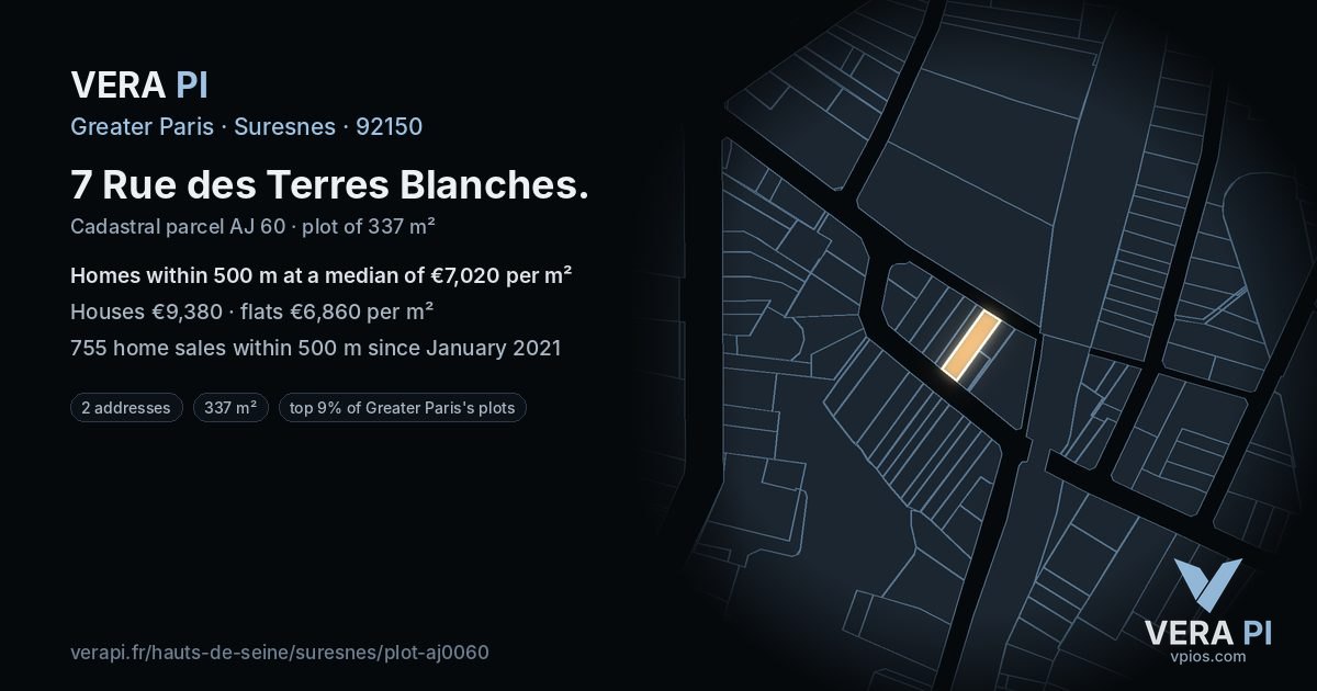 7 Rue des Terres Blanches, Suresnes at night – the plot lit, the parcels around coloured by the prices near them