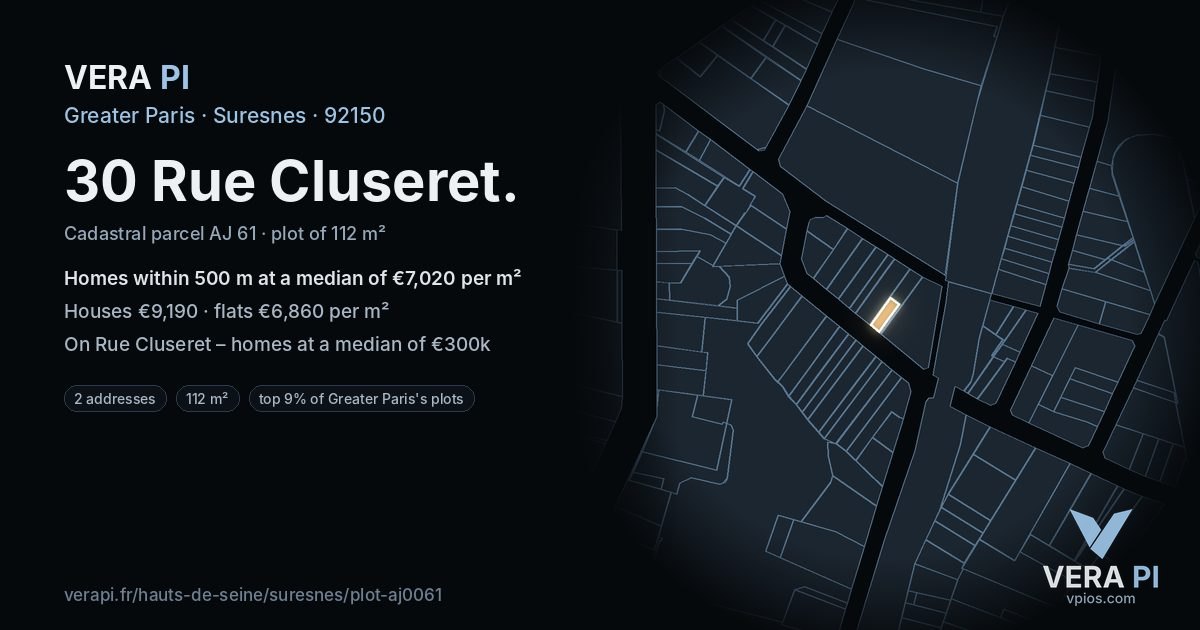 30 Rue Cluseret, Suresnes at night – the plot lit, the parcels around coloured by the prices near them