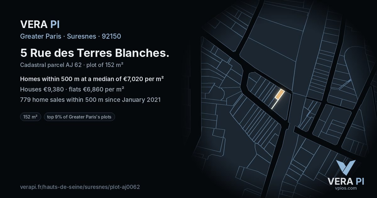5 Rue des Terres Blanches, Suresnes at night – the plot lit, the parcels around coloured by the prices near them