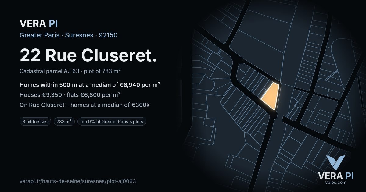 22 Rue Cluseret, Suresnes at night – the plot lit, the parcels around coloured by the prices near them
