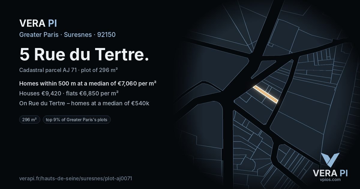 5 Rue du Tertre, Suresnes at night – the plot lit, the parcels around coloured by the prices near them