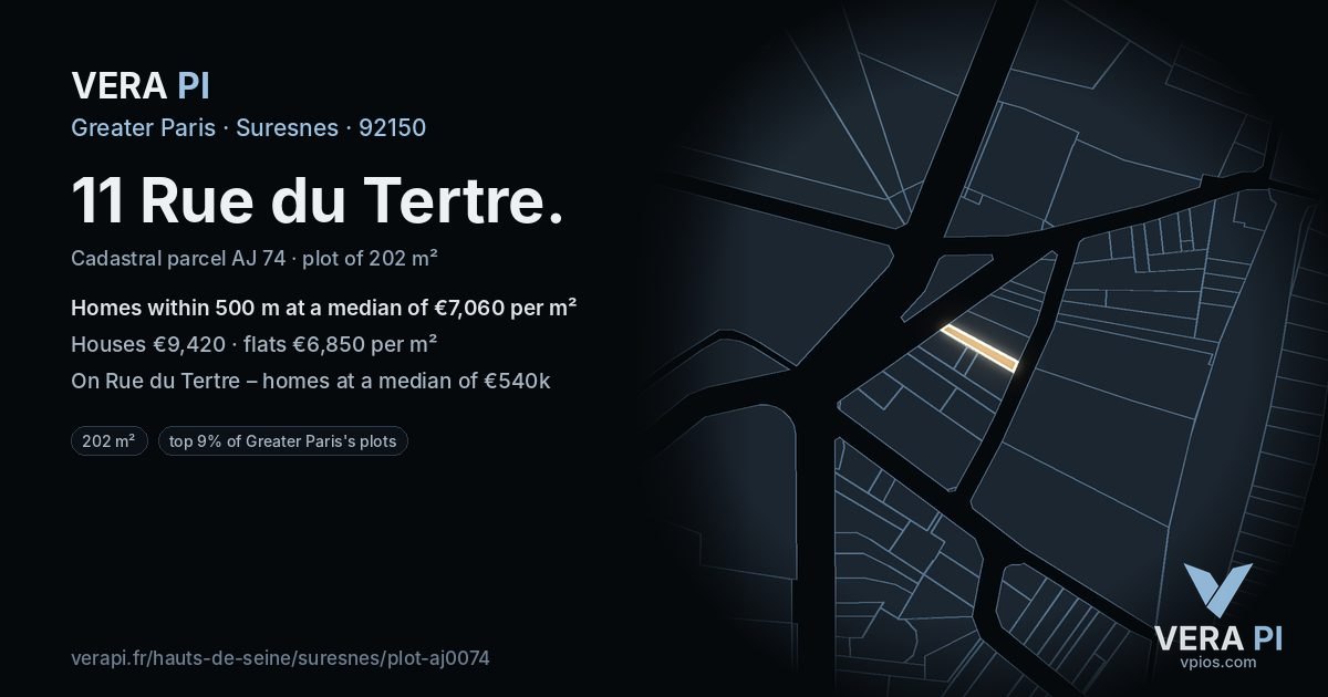 11 Rue du Tertre, Suresnes at night – the plot lit, the parcels around coloured by the prices near them