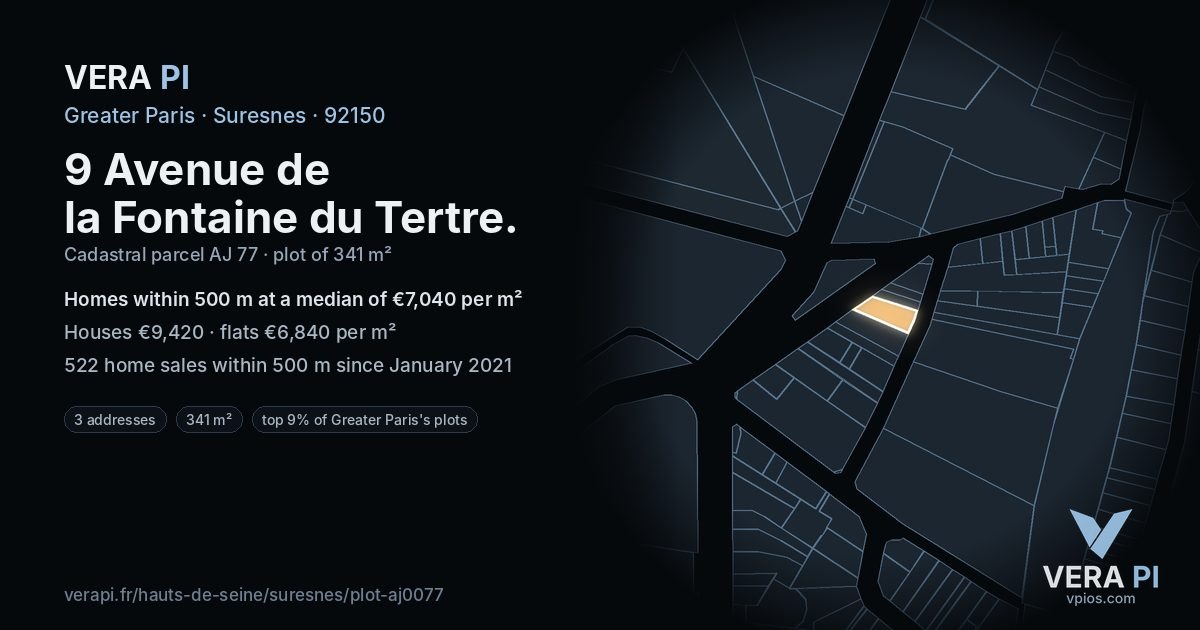 9 Avenue de la Fontaine du Tertre, Suresnes at night – the plot lit, the parcels around coloured by the prices near them