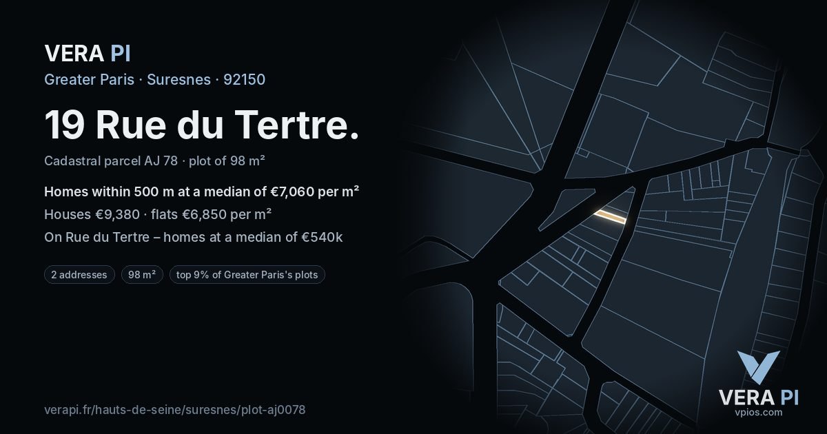 19 Rue du Tertre, Suresnes at night – the plot lit, the parcels around coloured by the prices near them