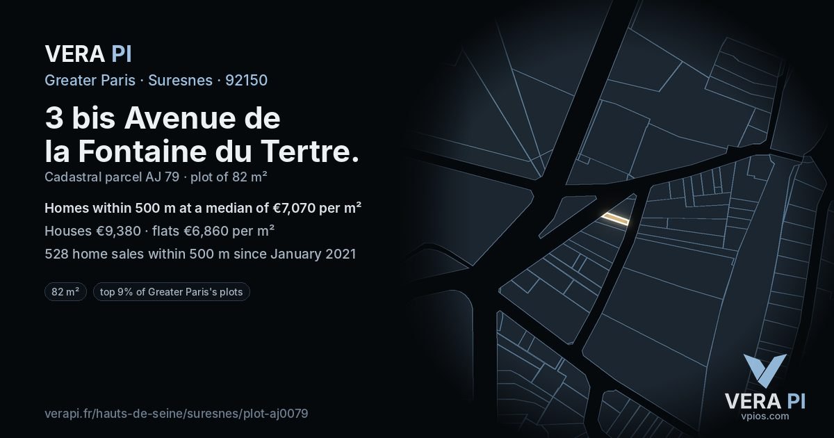 3 bis Avenue de la Fontaine du Tertre, Suresnes at night – the plot lit, the parcels around coloured by the prices near them