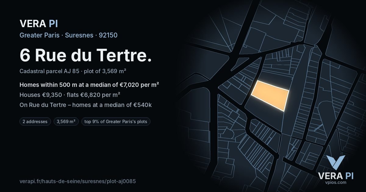 6 Rue du Tertre, Suresnes at night – the plot lit, the parcels around coloured by the prices near them