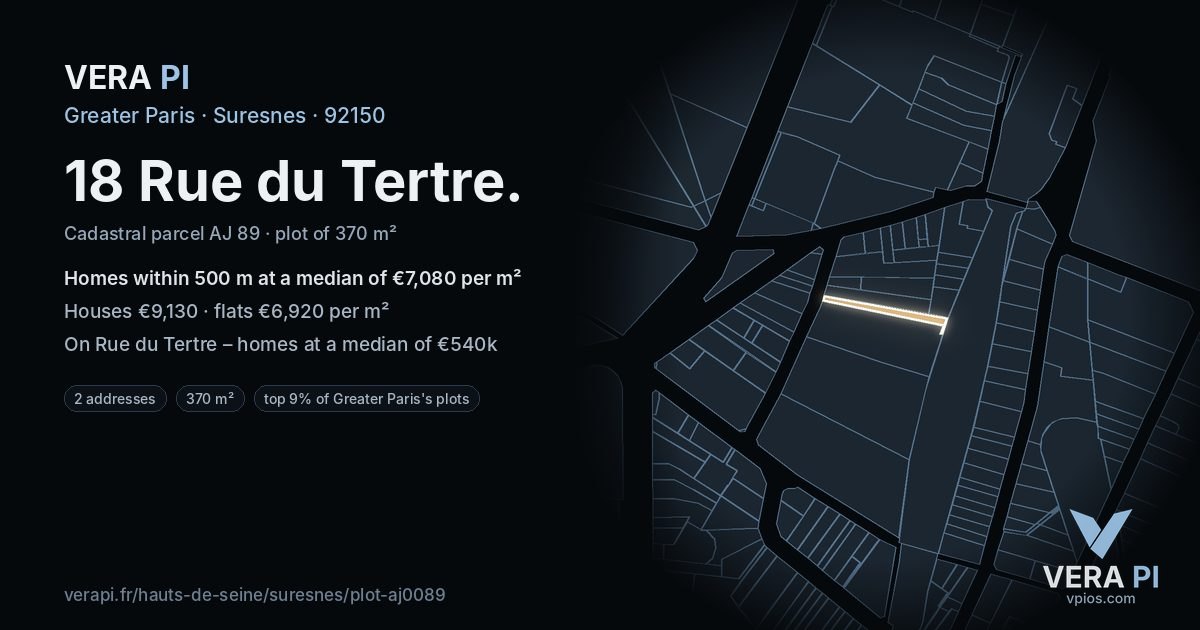 18 Rue du Tertre, Suresnes at night – the plot lit, the parcels around coloured by the prices near them