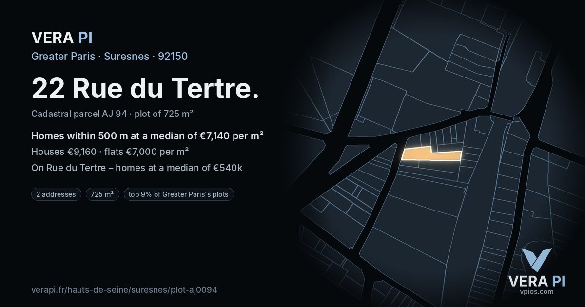 22 Rue du Tertre, Suresnes at night – the plot lit, the parcels around coloured by the prices near them