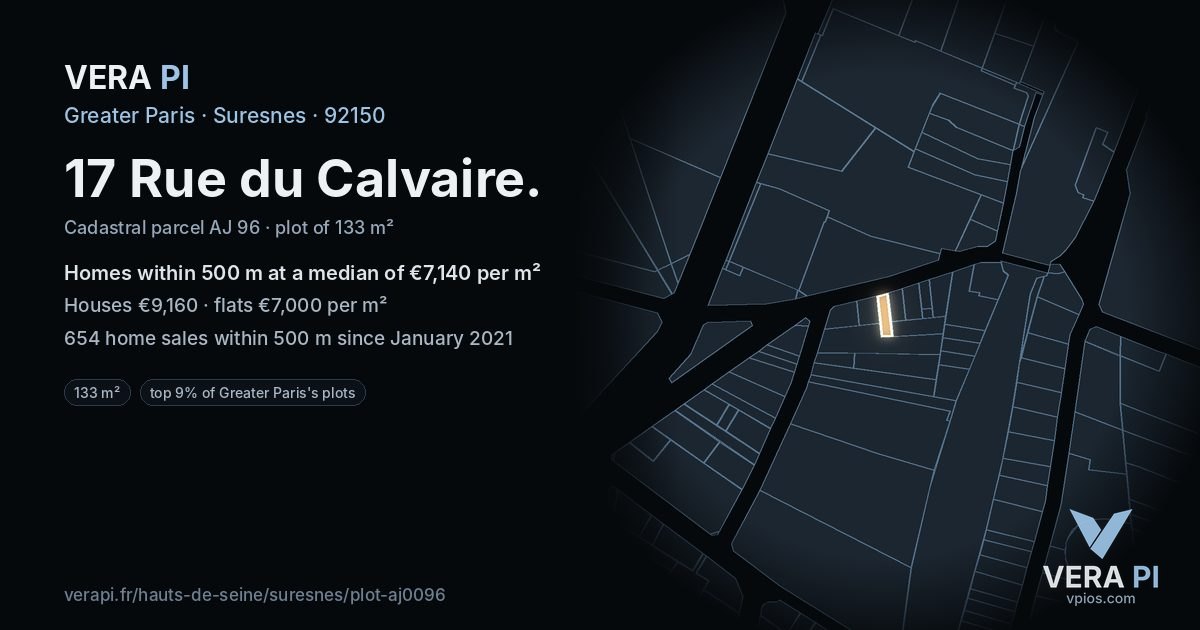 17 Rue du Calvaire, Suresnes at night – the plot lit, the parcels around coloured by the prices near them