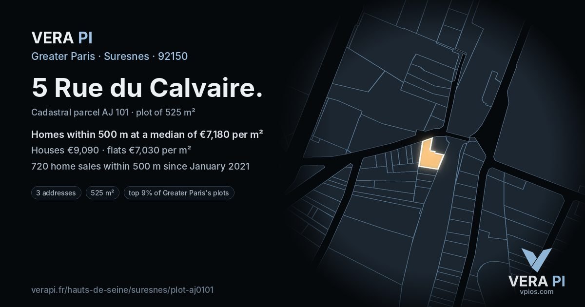 5 Rue du Calvaire, Suresnes at night – the plot lit, the parcels around coloured by the prices near them