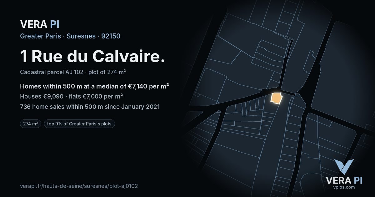 1 Rue du Calvaire, Suresnes at night – the plot lit, the parcels around coloured by the prices near them