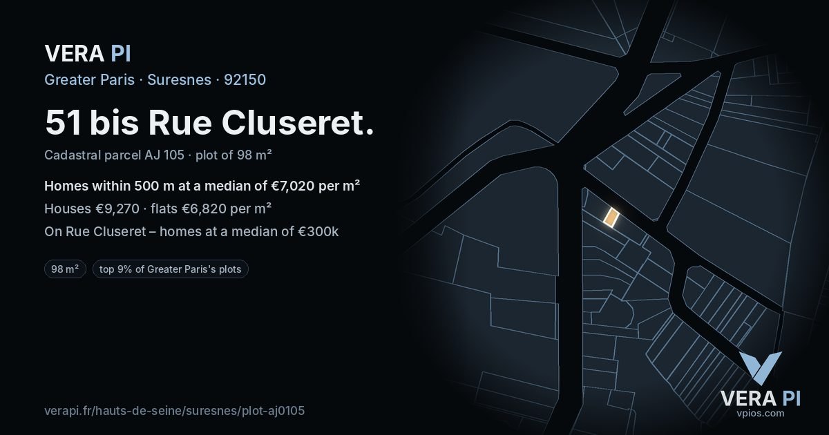 51 bis Rue Cluseret, Suresnes at night – the plot lit, the parcels around coloured by the prices near them