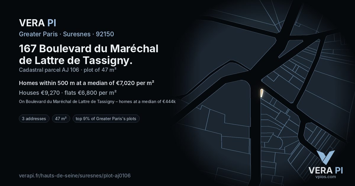 167 Boulevard du Maréchal de Lattre de Tassigny, Suresnes at night – the plot lit, the parcels around coloured by the prices near them