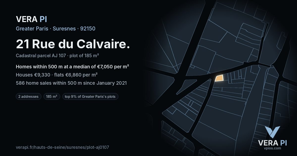 21 Rue du Calvaire, Suresnes at night – the plot lit, the parcels around coloured by the prices near them