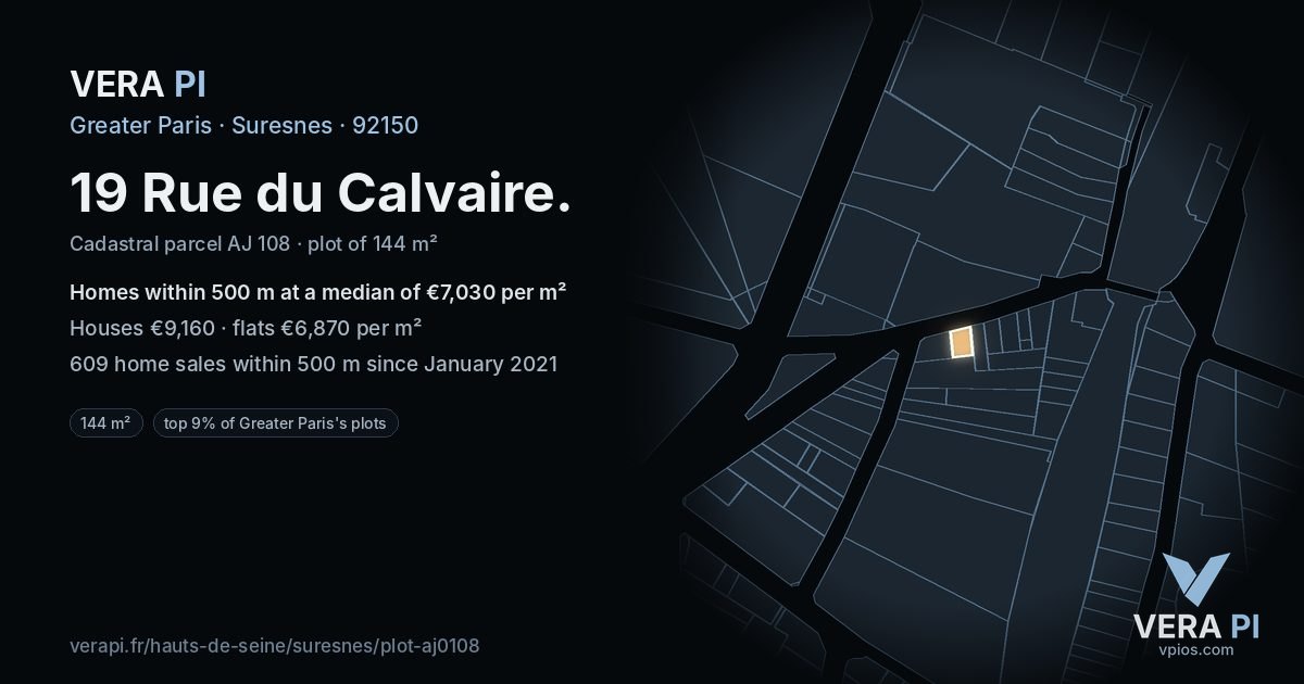 19 Rue du Calvaire, Suresnes at night – the plot lit, the parcels around coloured by the prices near them