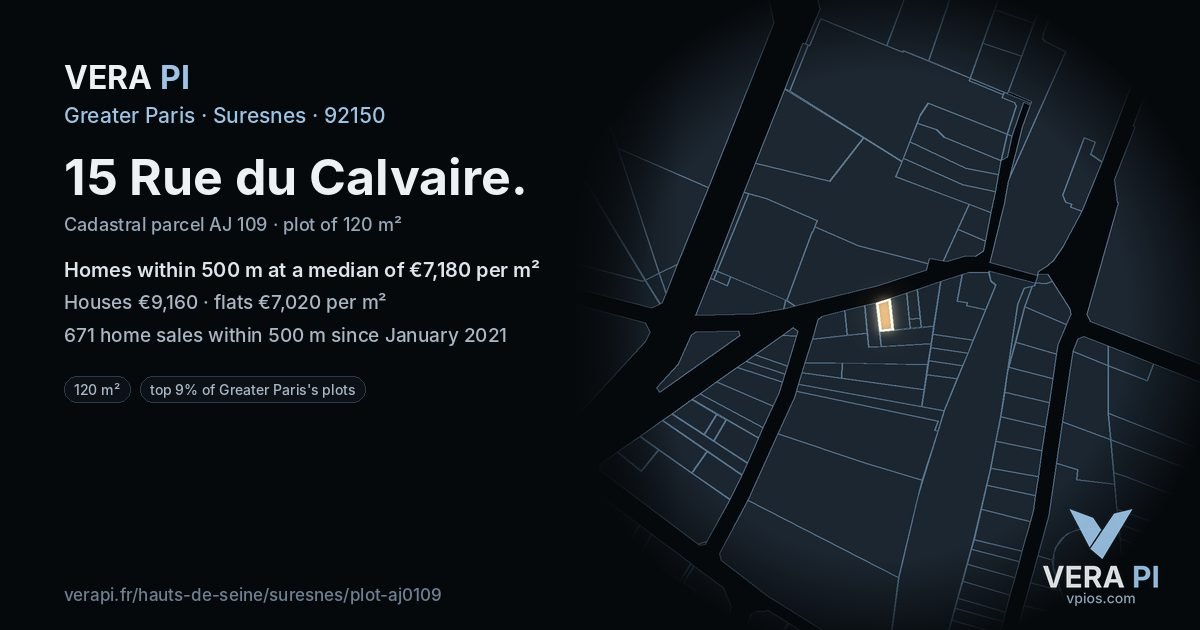 15 Rue du Calvaire, Suresnes at night – the plot lit, the parcels around coloured by the prices near them