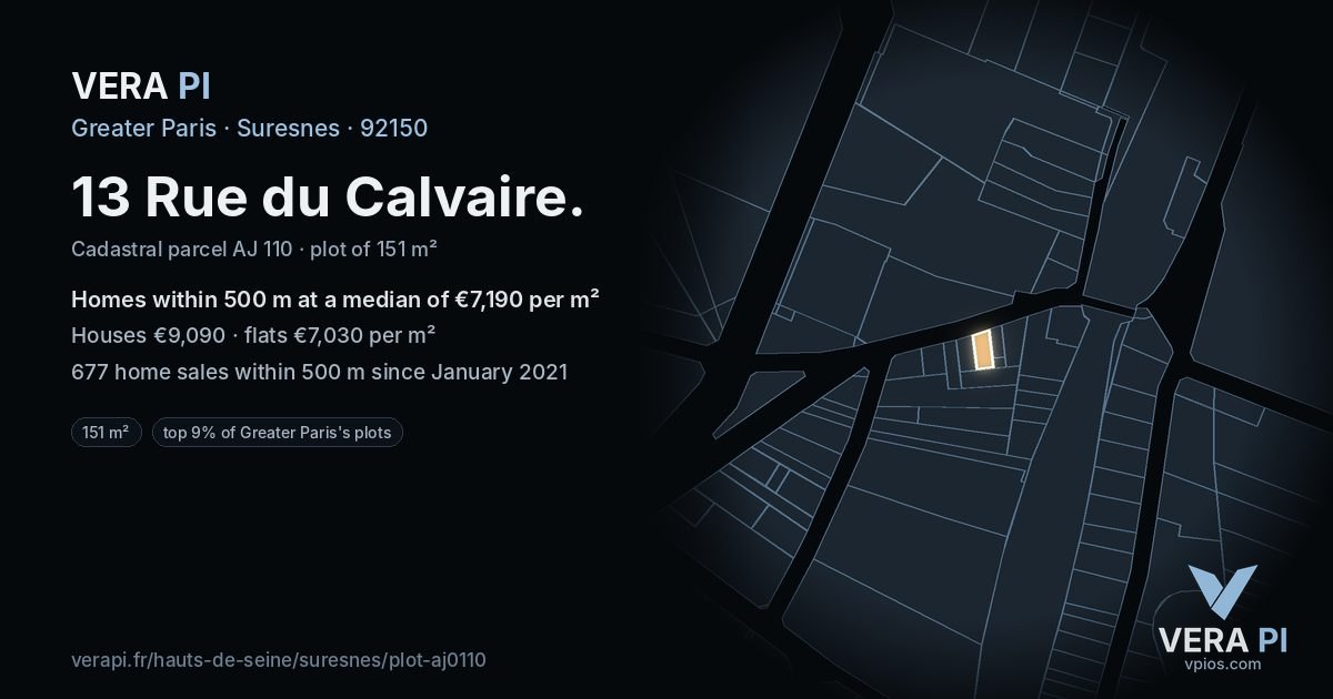 13 Rue du Calvaire, Suresnes at night – the plot lit, the parcels around coloured by the prices near them