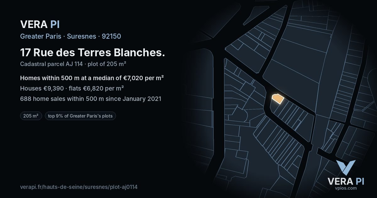 17 Rue des Terres Blanches, Suresnes at night – the plot lit, the parcels around coloured by the prices near them