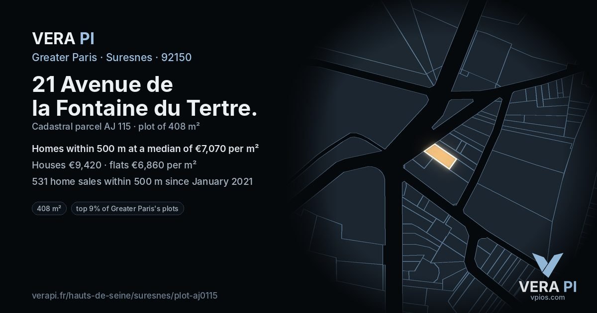 21 Avenue de la Fontaine du Tertre, Suresnes at night – the plot lit, the parcels around coloured by the prices near them