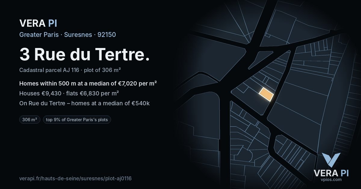 3 Rue du Tertre, Suresnes at night – the plot lit, the parcels around coloured by the prices near them