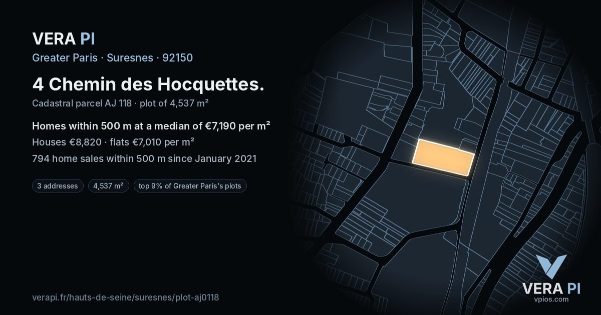 4 Chemin des Hocquettes, Suresnes at night – the plot lit, the parcels around coloured by the prices near them