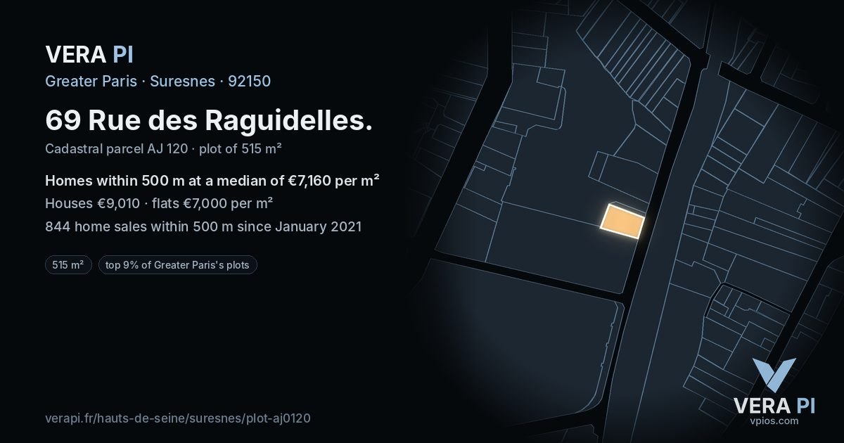 69 Rue des Raguidelles, Suresnes at night – the plot lit, the parcels around coloured by the prices near them