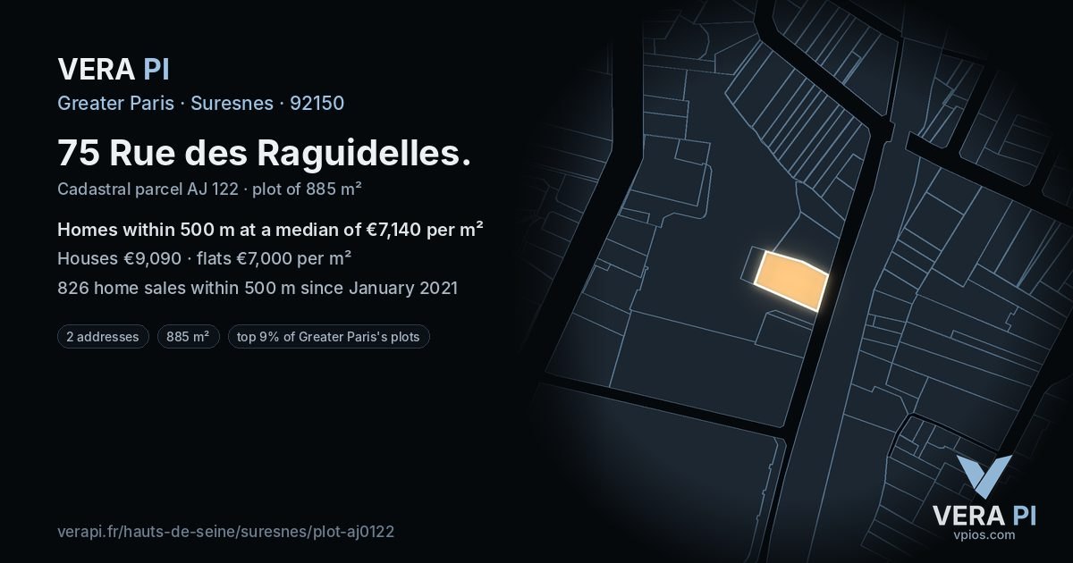 75 Rue des Raguidelles, Suresnes at night – the plot lit, the parcels around coloured by the prices near them