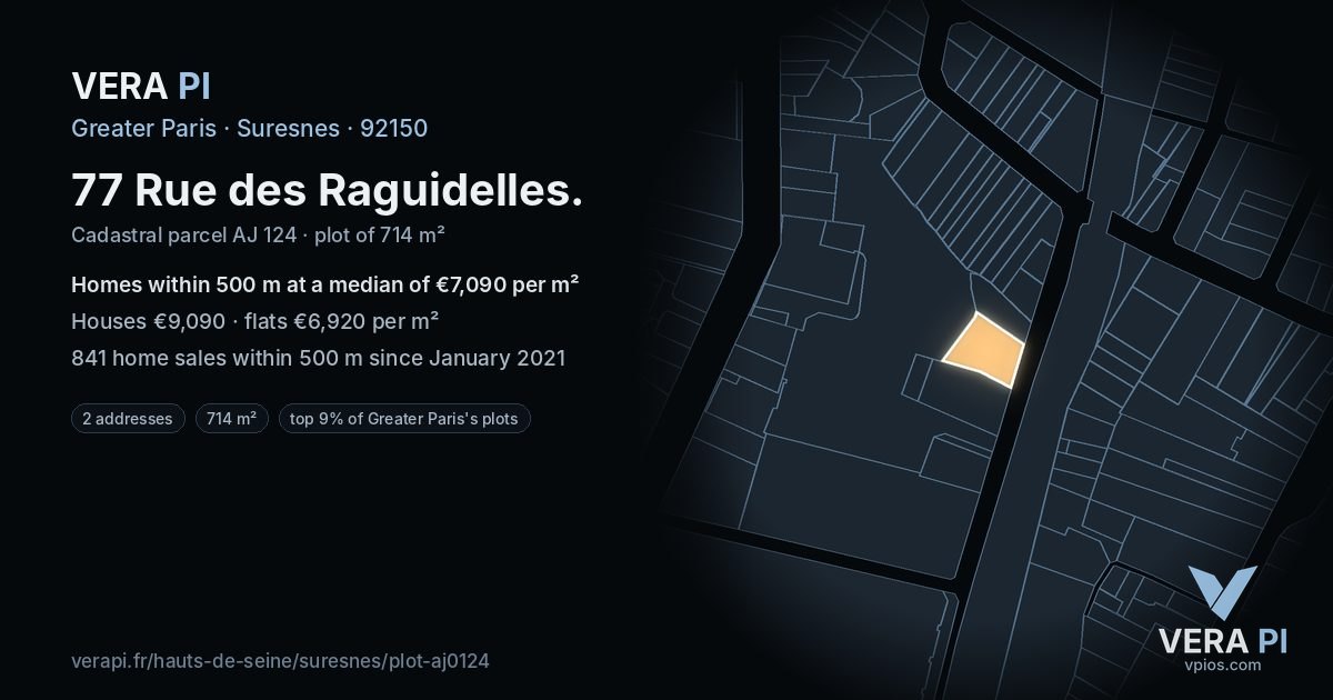 77 Rue des Raguidelles, Suresnes at night – the plot lit, the parcels around coloured by the prices near them