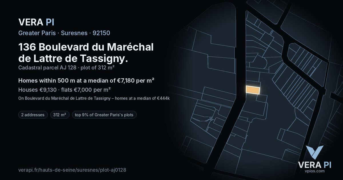 136 Boulevard du Maréchal de Lattre de Tassigny, Suresnes at night – the plot lit, the parcels around coloured by the prices near them