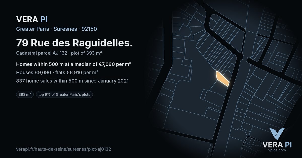 79 Rue des Raguidelles, Suresnes at night – the plot lit, the parcels around coloured by the prices near them