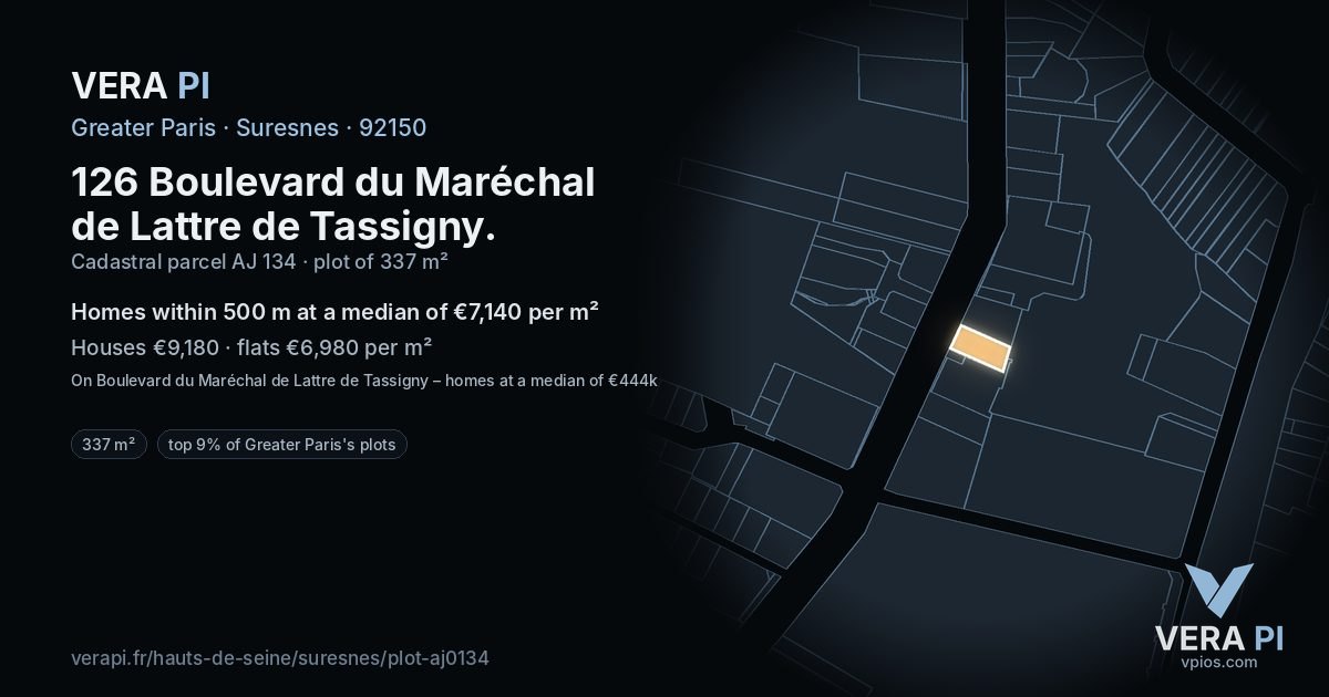 126 Boulevard du Maréchal de Lattre de Tassigny, Suresnes at night – the plot lit, the parcels around coloured by the prices near them
