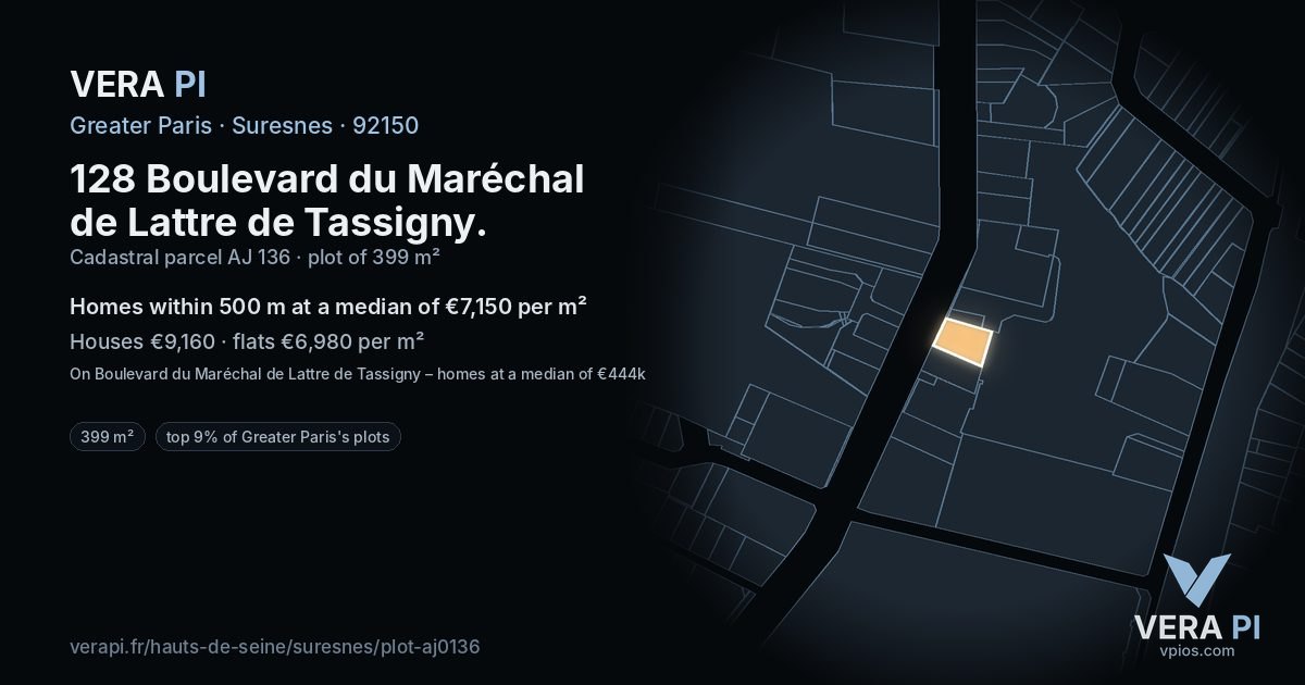 128 Boulevard du Maréchal de Lattre de Tassigny, Suresnes at night – the plot lit, the parcels around coloured by the prices near them