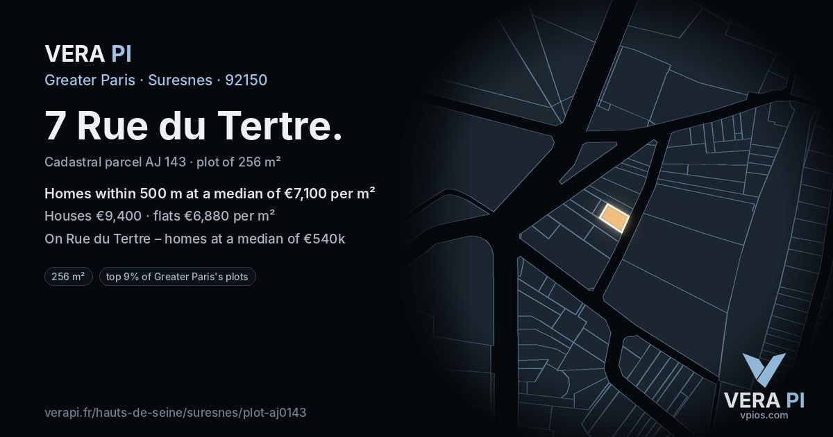 7 Rue du Tertre, Suresnes at night – the plot lit, the parcels around coloured by the prices near them