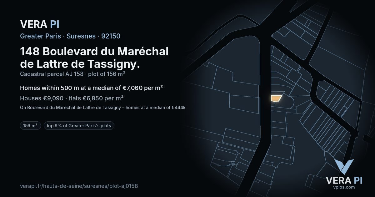 148 Boulevard du Maréchal de Lattre de Tassigny, Suresnes at night – the plot lit, the parcels around coloured by the prices near them