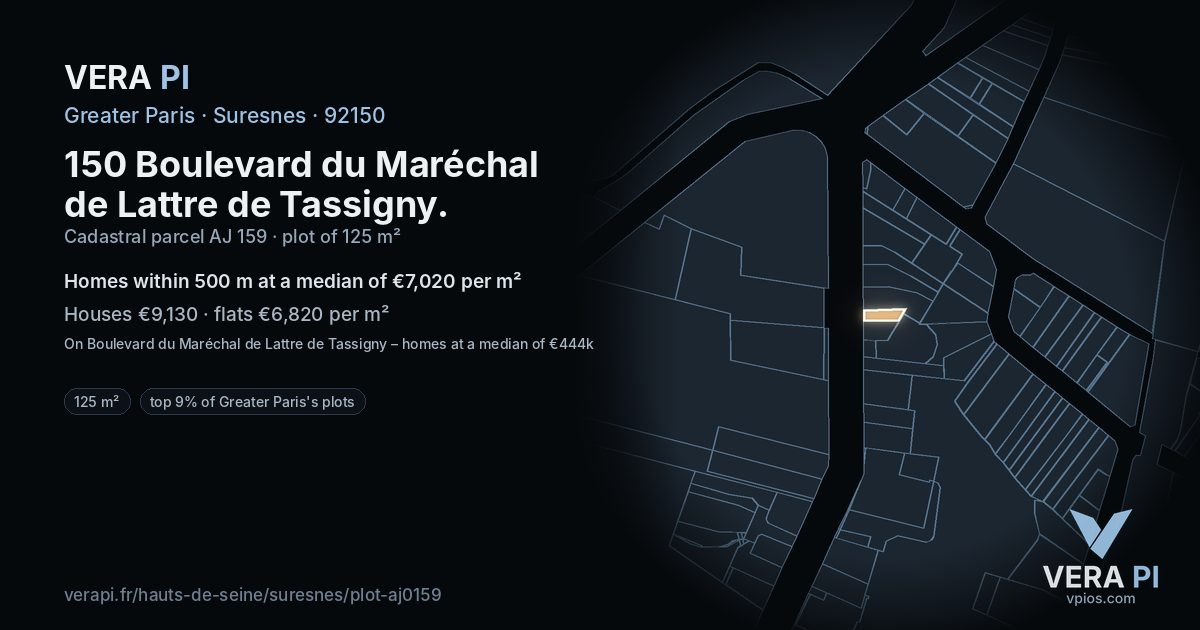 150 Boulevard du Maréchal de Lattre de Tassigny, Suresnes at night – the plot lit, the parcels around coloured by the prices near them
