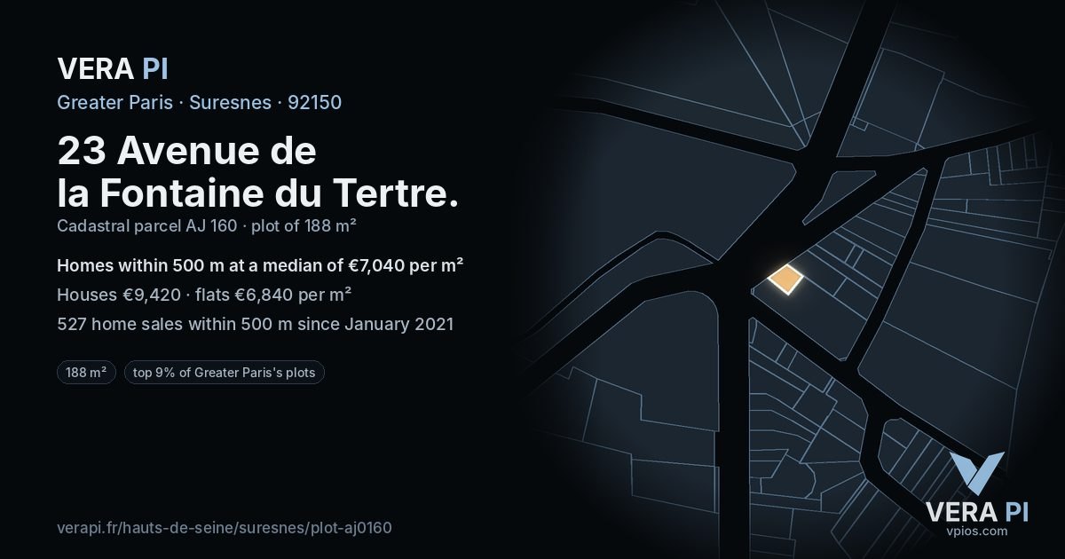23 Avenue de la Fontaine du Tertre, Suresnes at night – the plot lit, the parcels around coloured by the prices near them