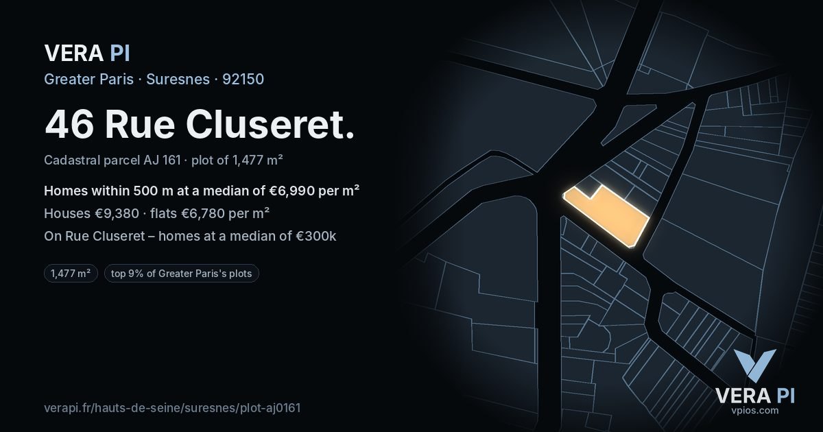 46 Rue Cluseret, Suresnes at night – the plot lit, the parcels around coloured by the prices near them