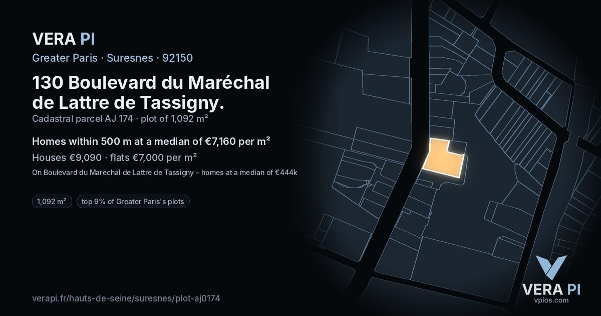 130 Boulevard du Maréchal de Lattre de Tassigny, Suresnes at night – the plot lit, the parcels around coloured by the prices near them