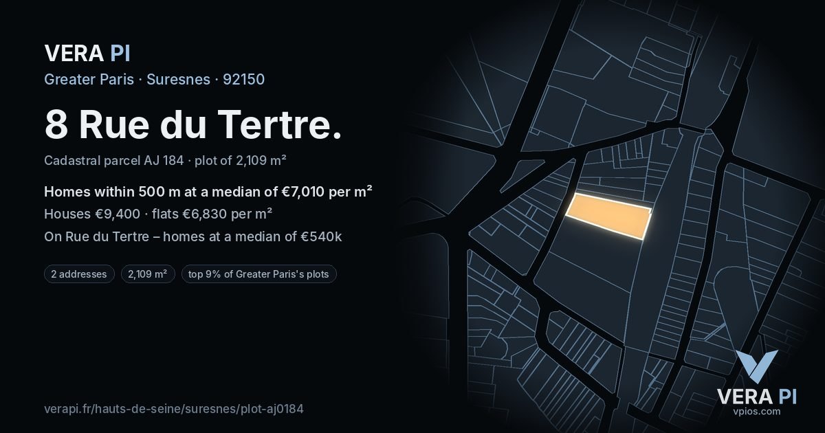 8 Rue du Tertre, Suresnes at night – the plot lit, the parcels around coloured by the prices near them