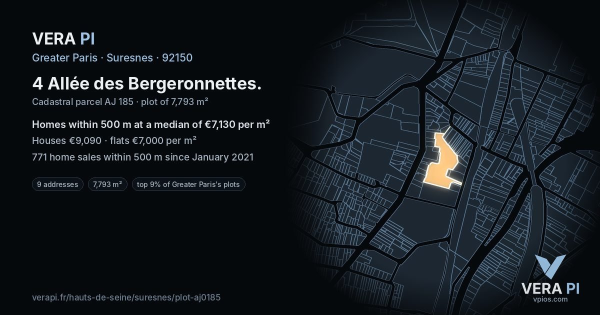 4 Allée des Bergeronnettes, Suresnes at night – the plot lit, the parcels around coloured by the prices near them