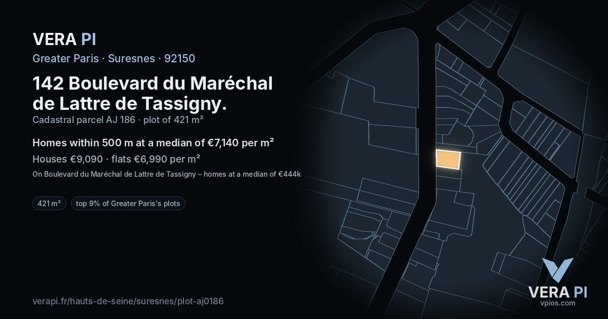 142 Boulevard du Maréchal de Lattre de Tassigny, Suresnes at night – the plot lit, the parcels around coloured by the prices near them